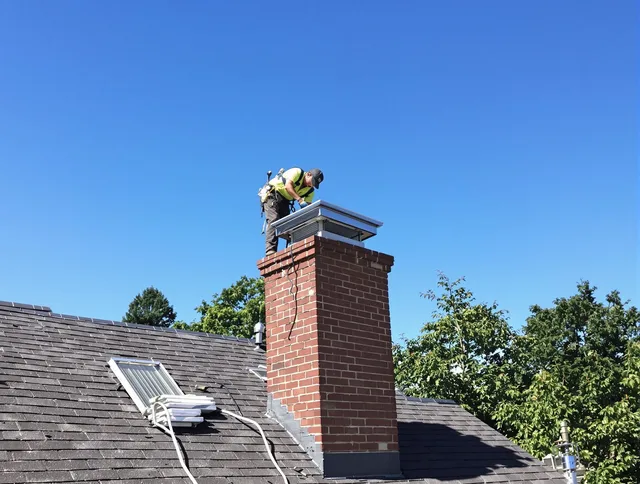 Longmeadow Chimney Sweep technician measuring a chimney cap in Longmeadow, MA