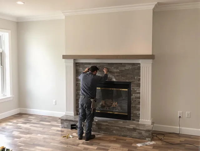 Longmeadow Chimney Sweep finishing a custom fireplace install in Longmeadow, MA
